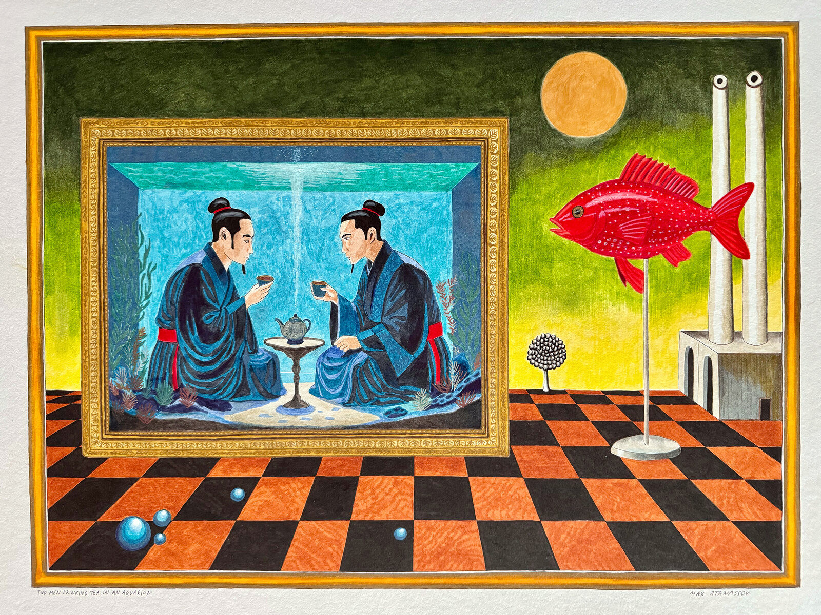 Two men drinking tea in an aquarium