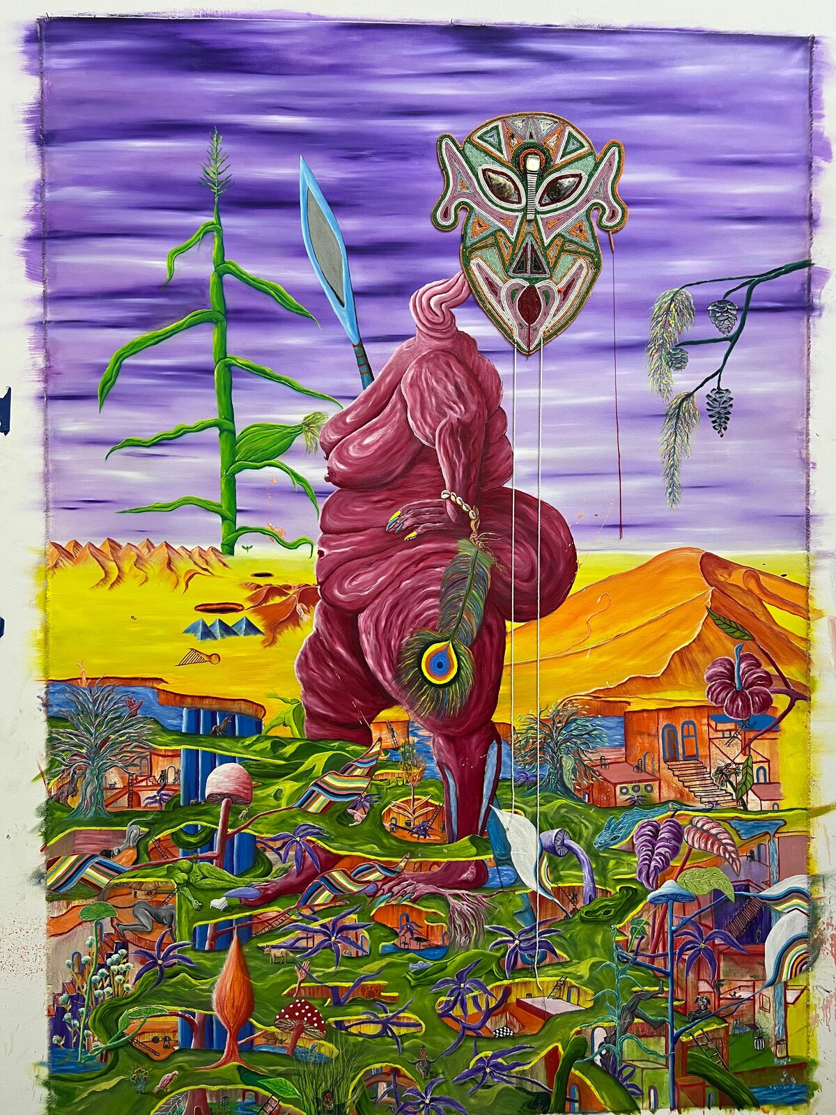 *'Me' Wa Sarah*

_'Me' Wa Sarah_ translates to "Mother of Sarah" — but in Sesotho, _'Me'_ is more than mother. It is reverence, origin, holder of lineage.

Through the HOHA flat mask, this work honors maternal power as the first frequency. Before we knew Badimo, we knew _'Me'_. She is the first temple, the first teacher, the first protection.

The flattened face is not erasure — it is honor. Removing the individual to reveal the archetype. Every mother. The mother in all of us.

The eye 👁️ here is soft but unblinking. A mother's gaze that sees before you speak, that watches long after you leave.

This painting is a prayer for mothers who carry worlds without being seen, and a thanksgiving for _'Me' Wa Sarah_ — vessel of life, keeper of continuity.